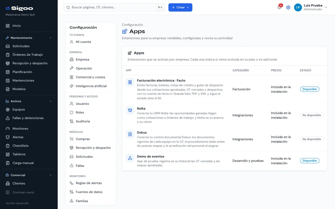 Configuración, Apps en Sigoo con Facturación electrónica, Nolta, Dokus y una app de eventos para pruebas