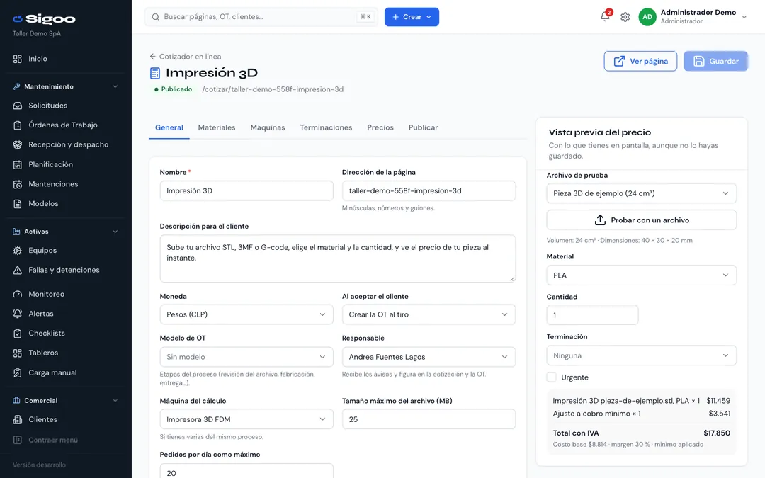 Editor del cotizador de impresión 3D con sus pestañas de materiales, máquinas, terminaciones, precios y publicación, y la vista previa del precio