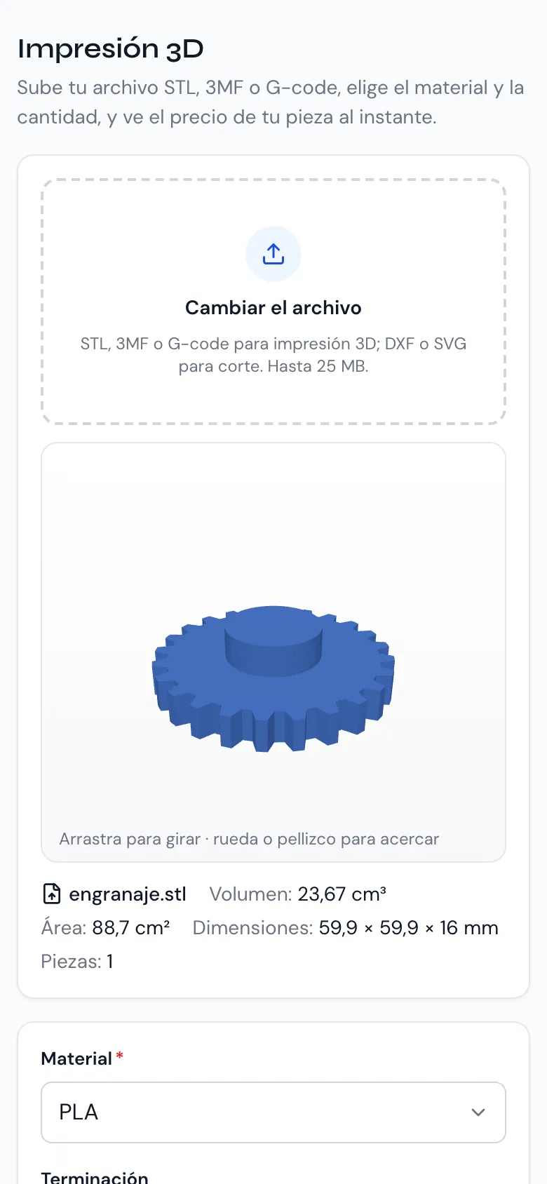 El cotizador en línea en el celular, con el engranaje cargado en el visor 3D