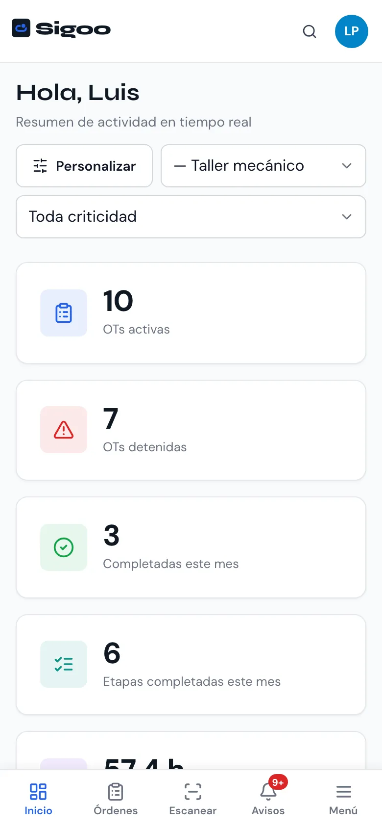 Inicio de Sigoo en el celular, con las OT activas, detenidas y completadas