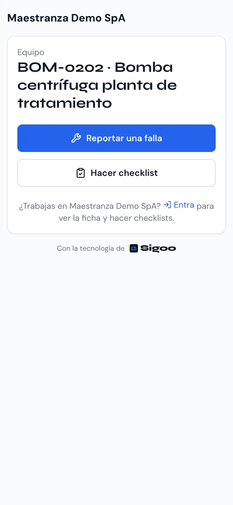 Pantalla que se abre al escanear el QR de un equipo, con Reportar una falla y Hacer checklist